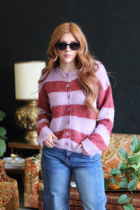 Burgundy Striped Fuzzy Button Down Cardigan