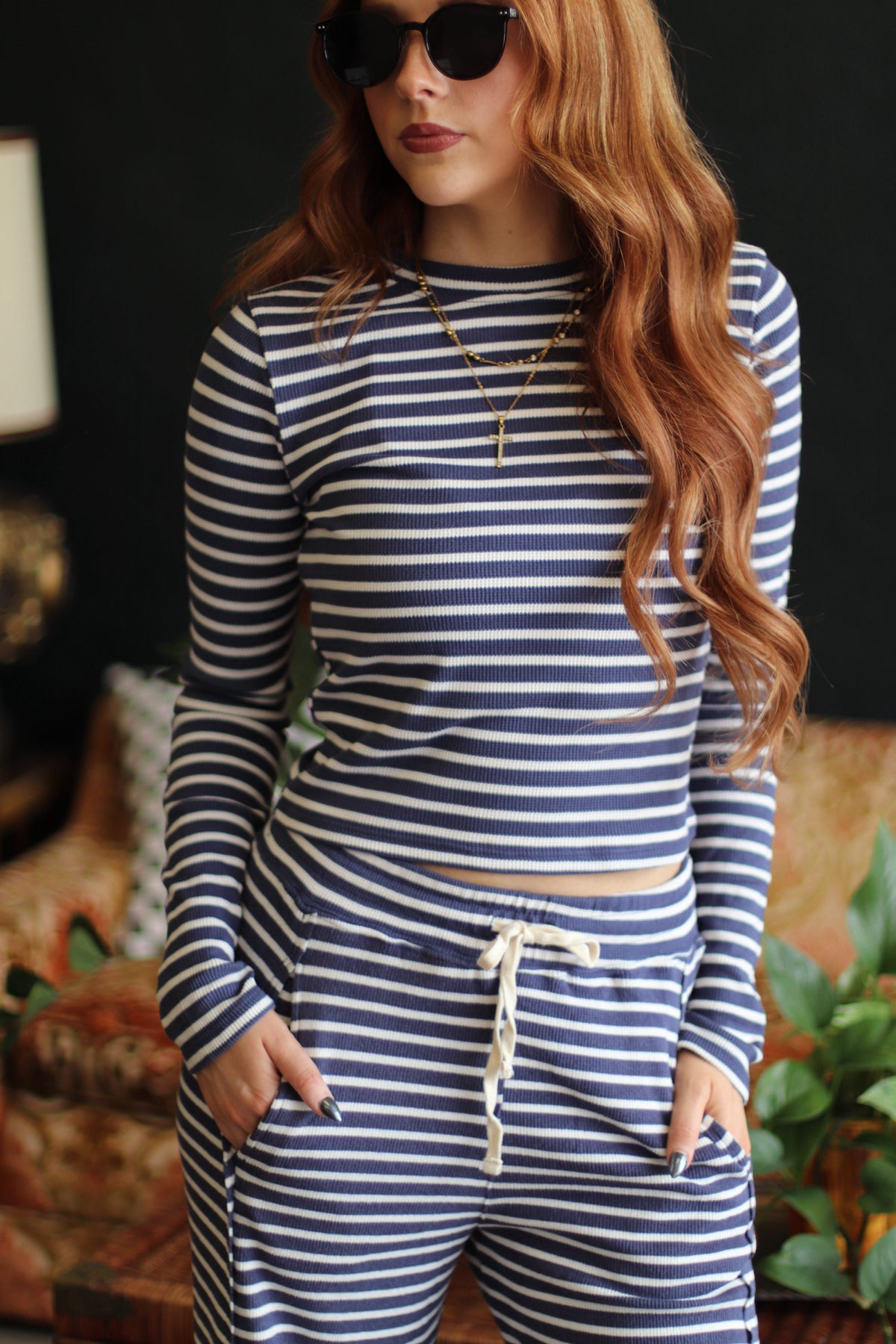 Blue Striped Ribbed Knit Long Sleeve Top & Pants Set