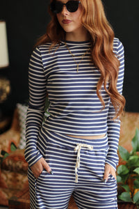 Blue Striped Ribbed Knit Long Sleeve Top & Pants Set
