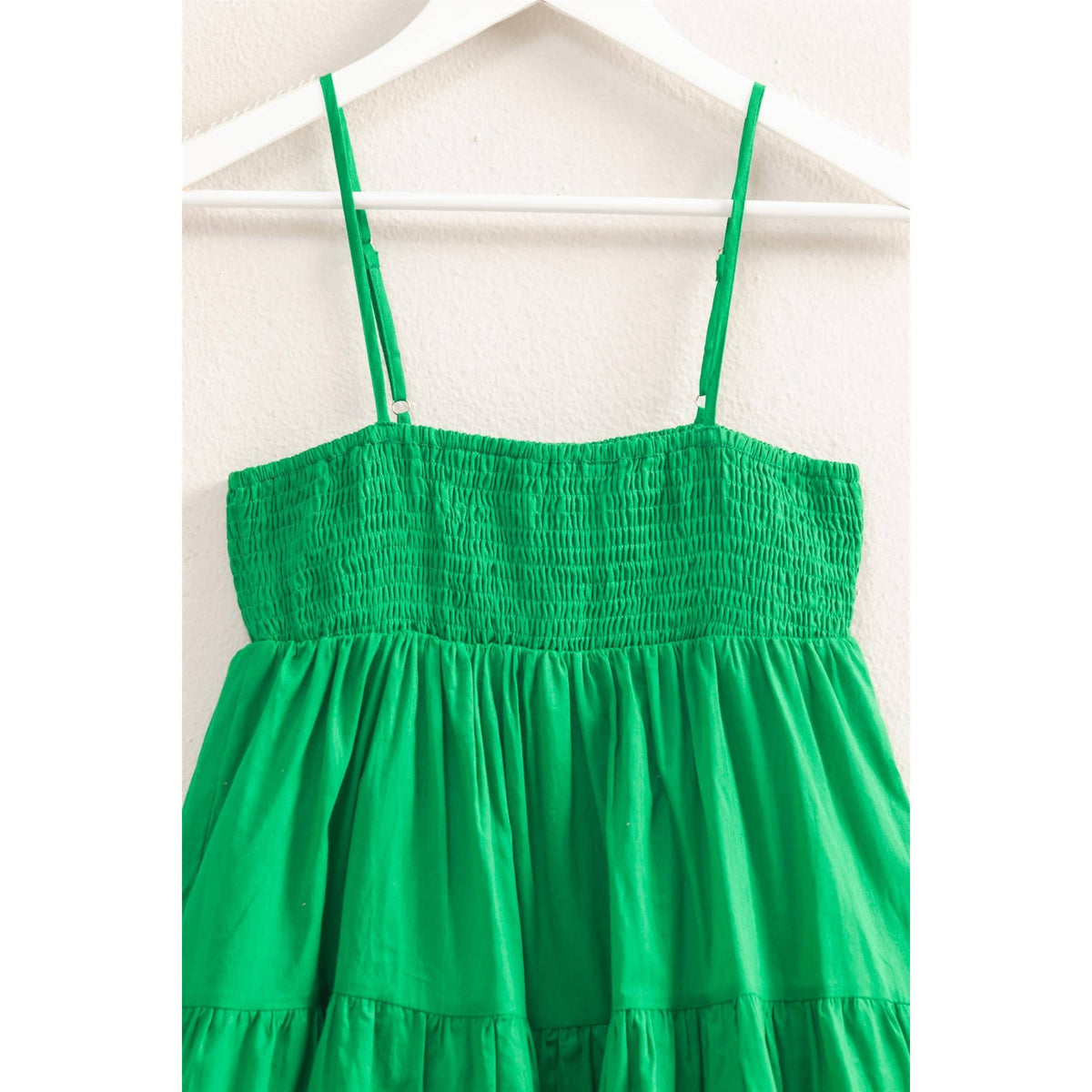 Cotton Smocked Tiered Mini Dress in Green