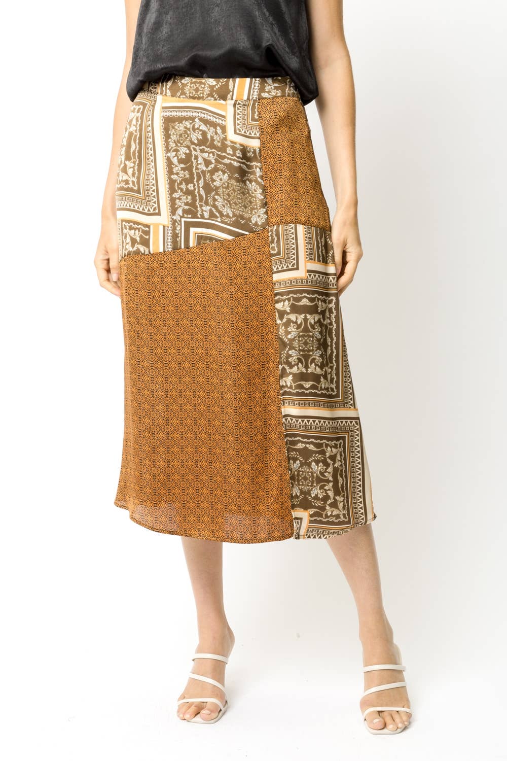 Mixed Print Midi Skirt in Rust