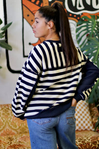 Navy Striped Half Button Down Top