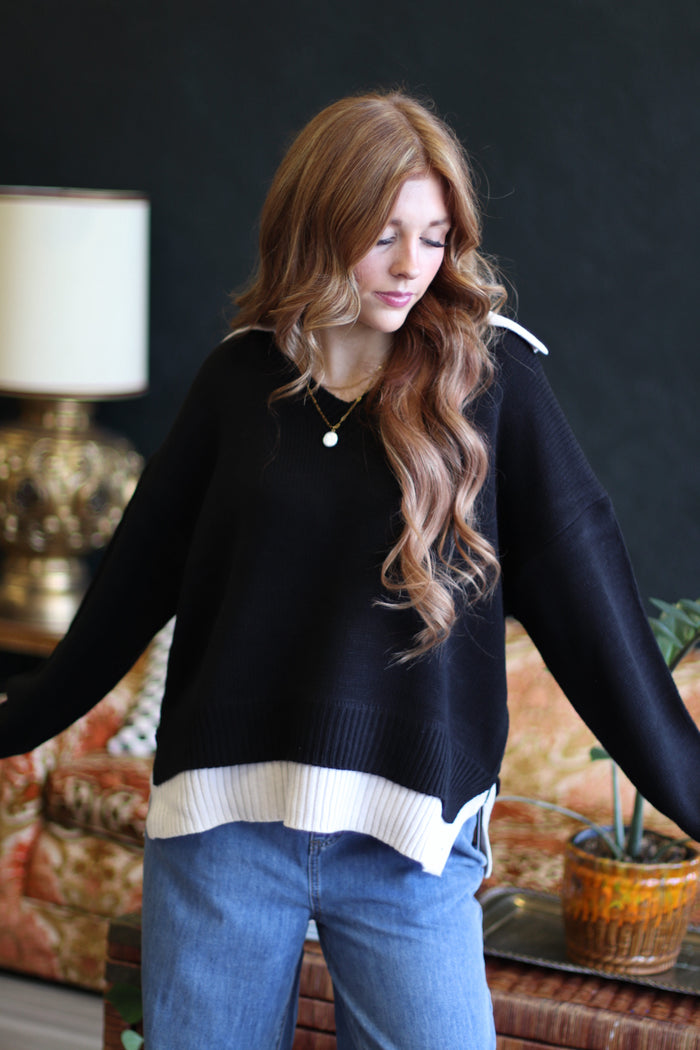 Veronica Collared V-Neck Sweater + Black