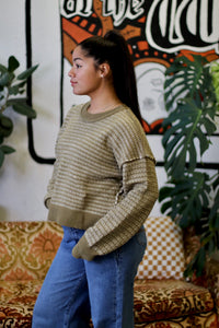 Olive Two Tone Textured Knit Casual Sweater Top
