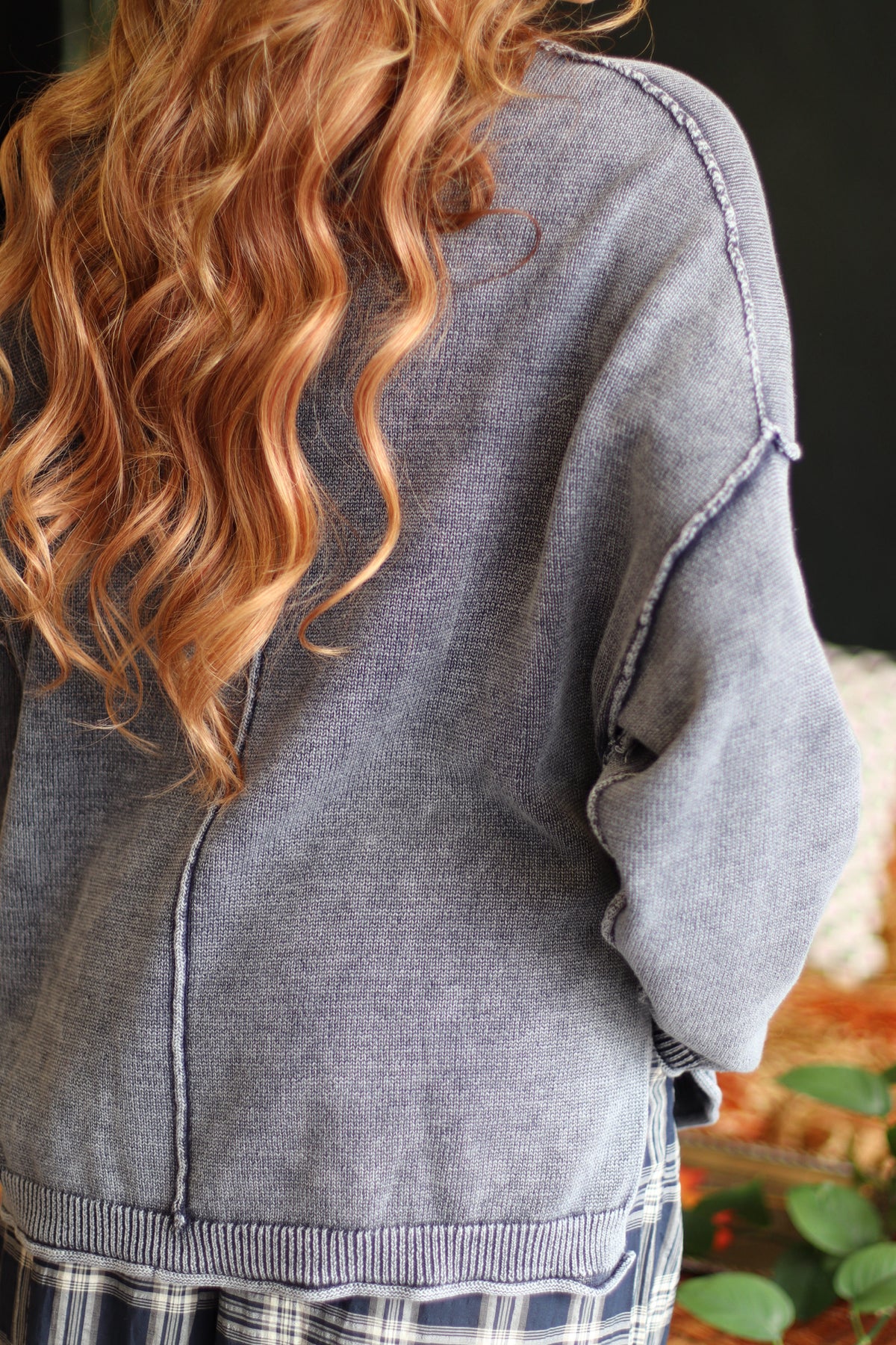 Felicity Drop Sleeve Raw Edge Crewneck in Navy
