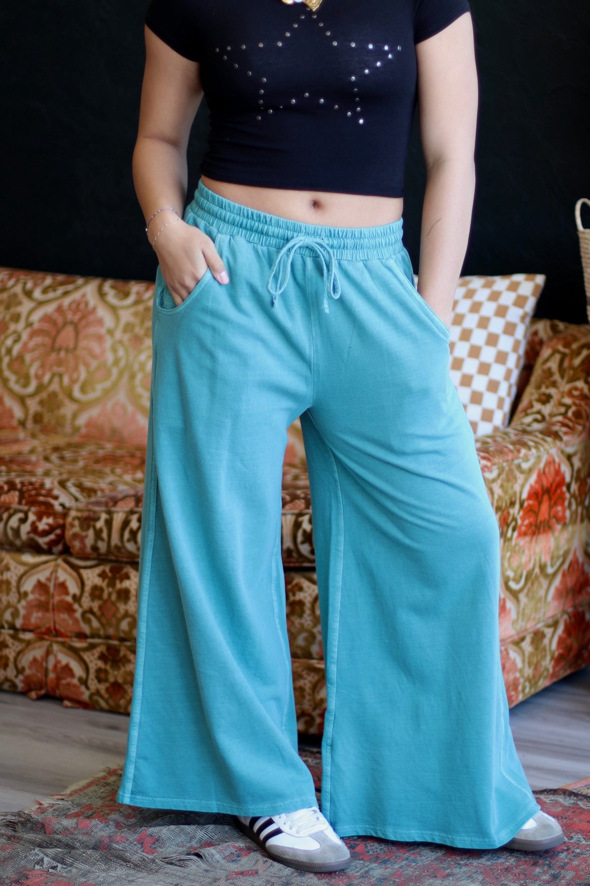 Mineral Wash Wide Leg Pants + Teal