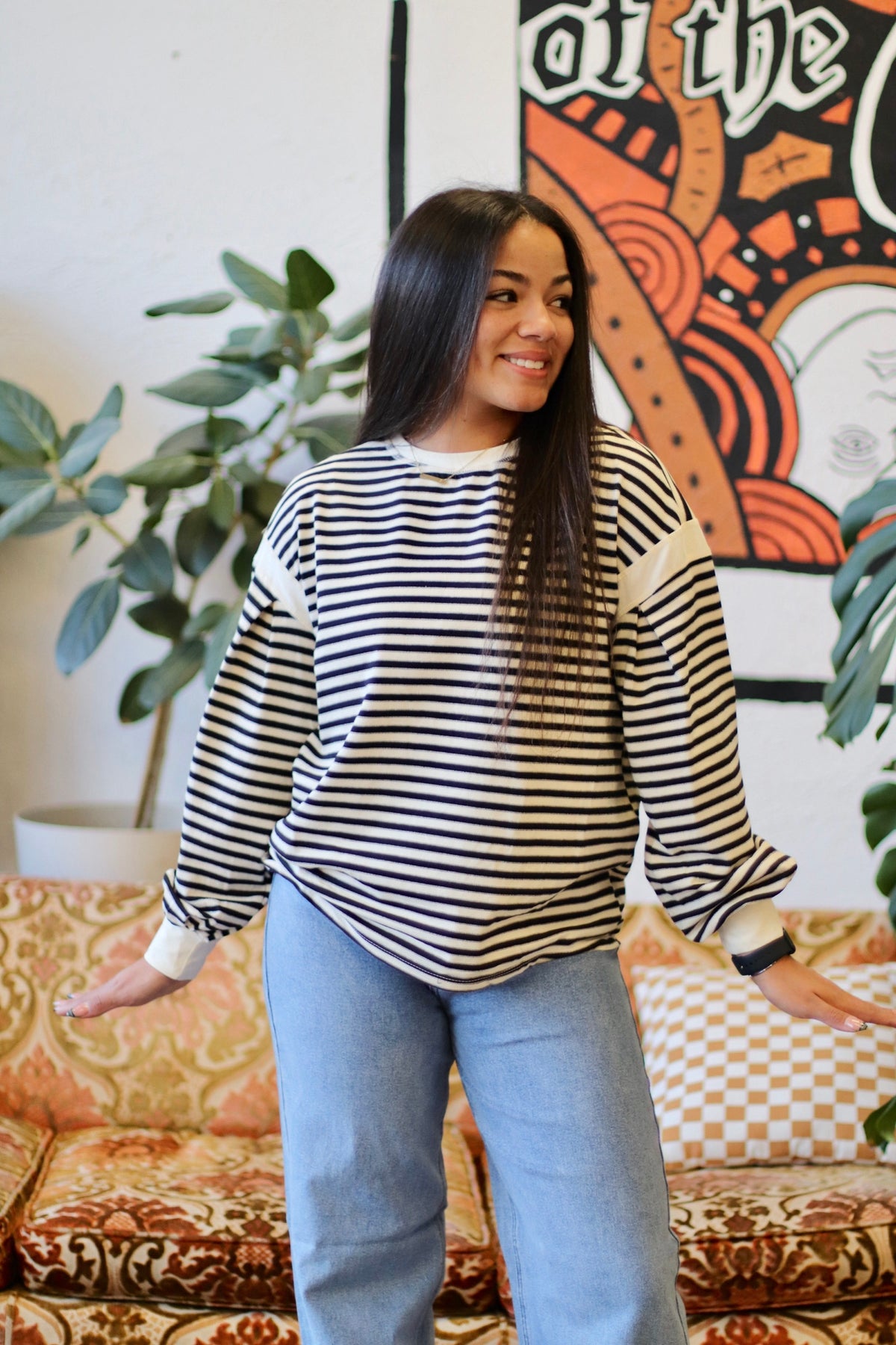 Striped Long Sleeve Casual Top + Black
