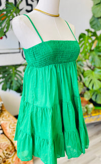 Cotton Smocked Tiered Mini Dress in Green