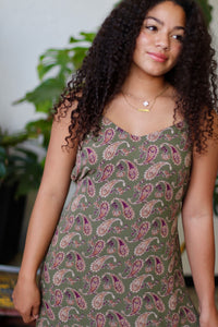 Paisley Print Midi Dress in Olive