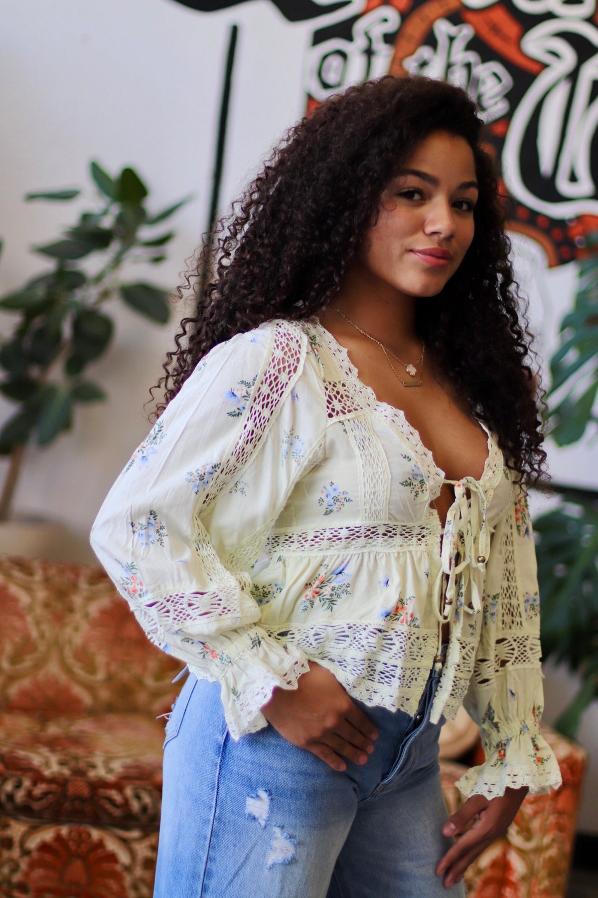 Cottage Core Cream Tie Blouse