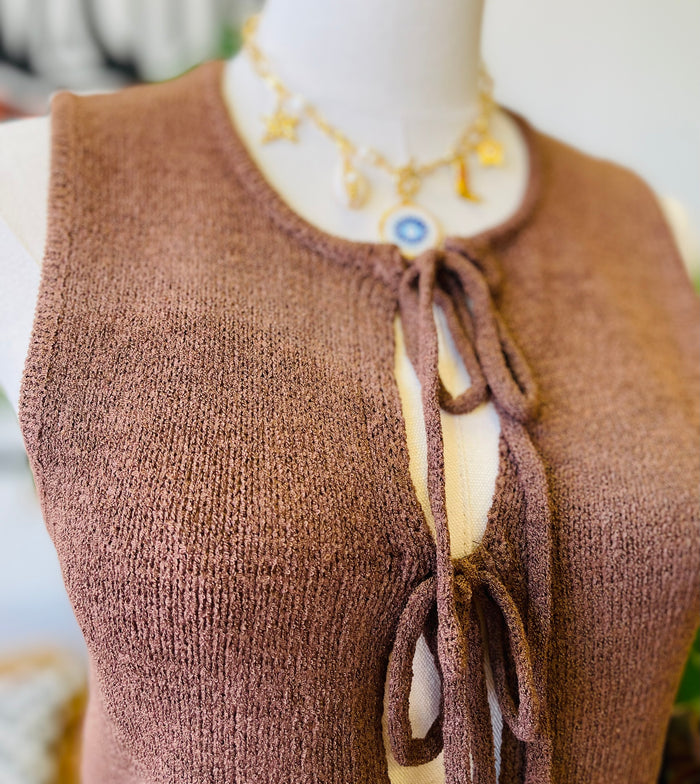 Macy Front Tie Vest in Brown