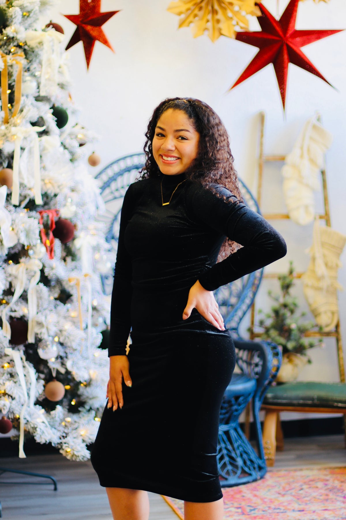 Glitter Velvet Midi Dress + Black