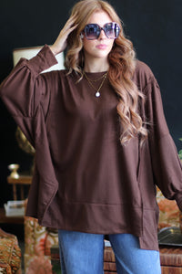 Brown Exposed Seam Oversized Crew Neck