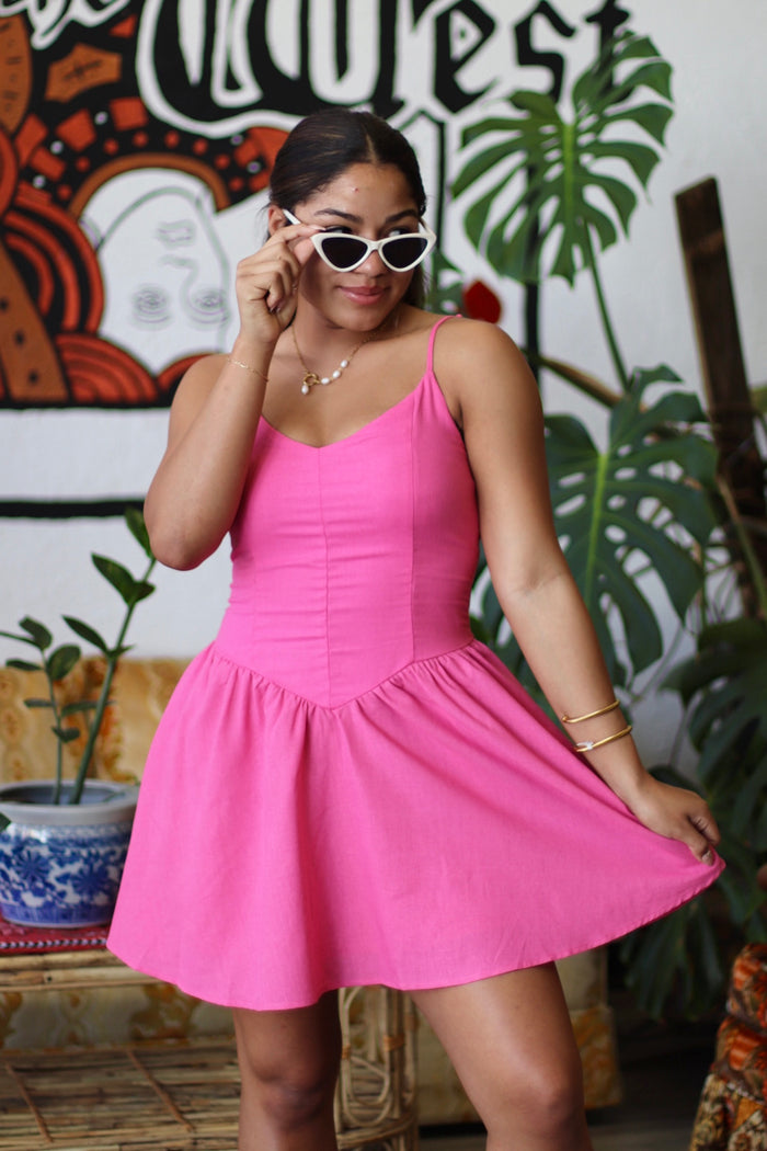 Elle Woods Basque Waist Mini Dress in Hot Pink