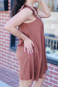 Front Tie Ruffle Sleeve Woven Mini Shift Dress Mocha