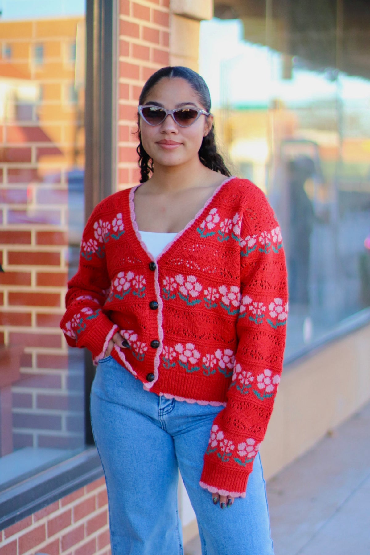 Cutie Red Floral Knit Cardigan