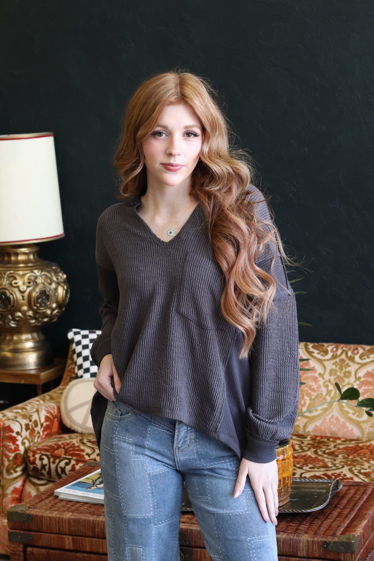 Juliette Charcoal V neck Long Sleeve