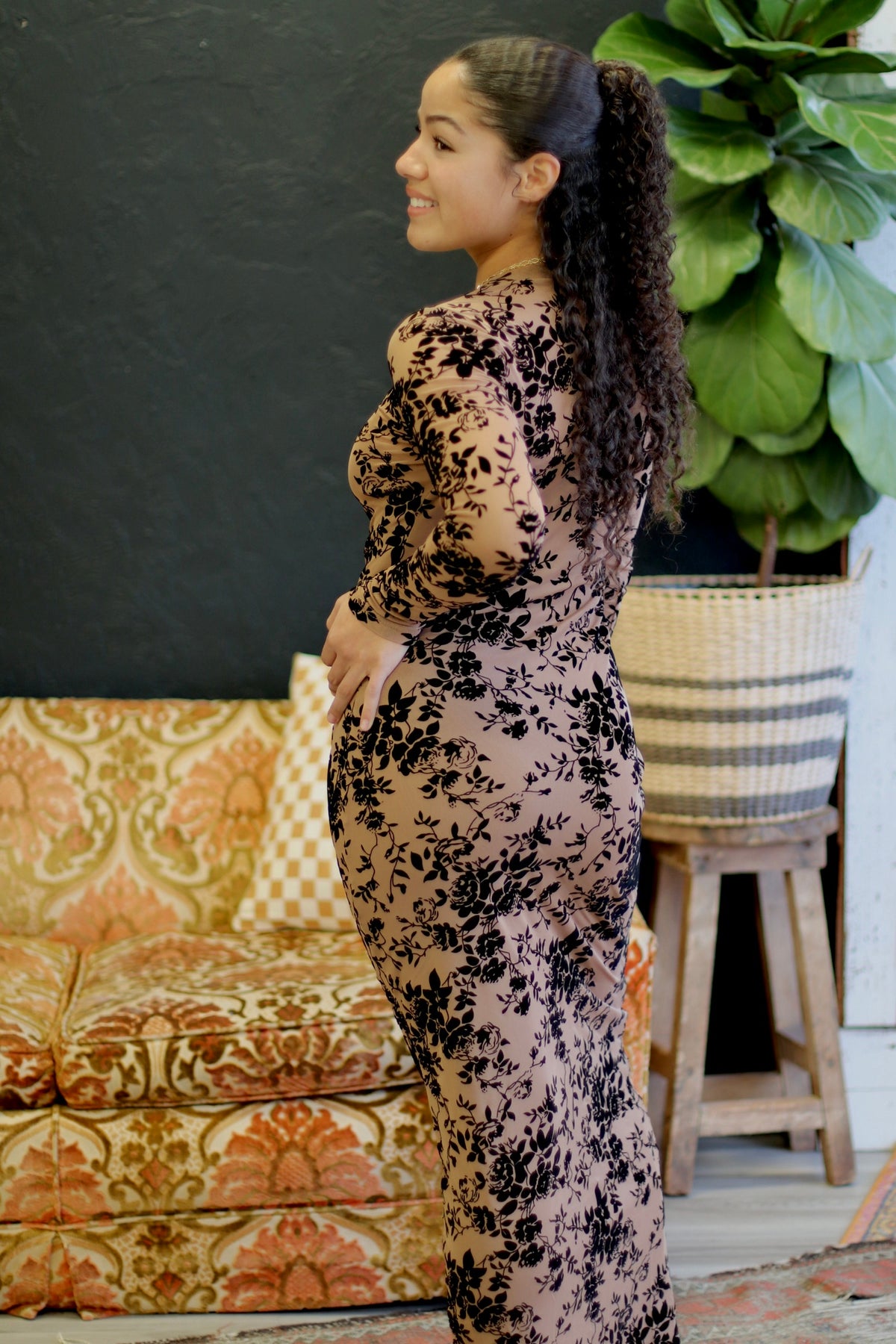 Velvet Flocking Long Sleeve Maxi Dress