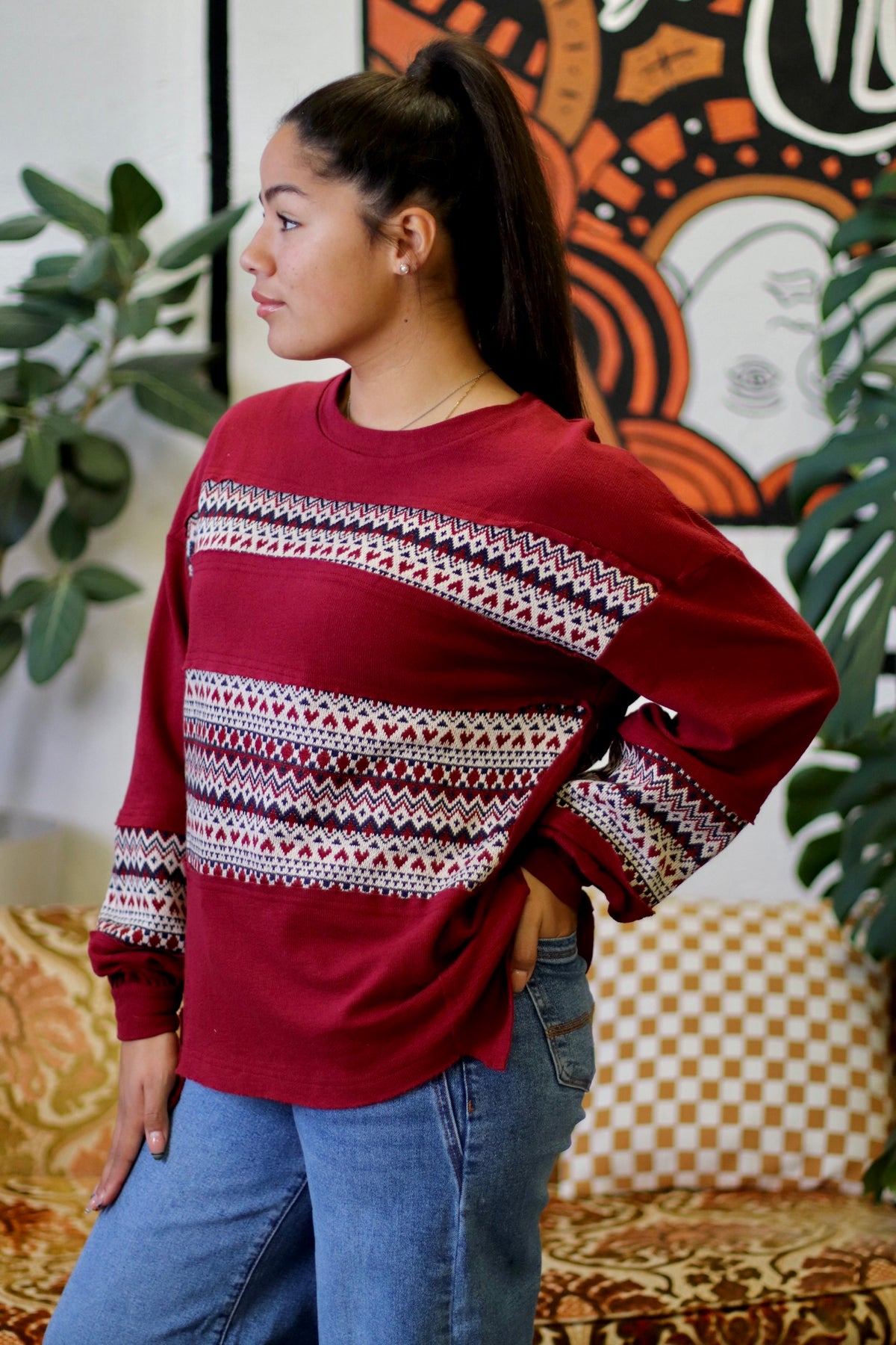 Oversized Contrast Knit Top in Wine
