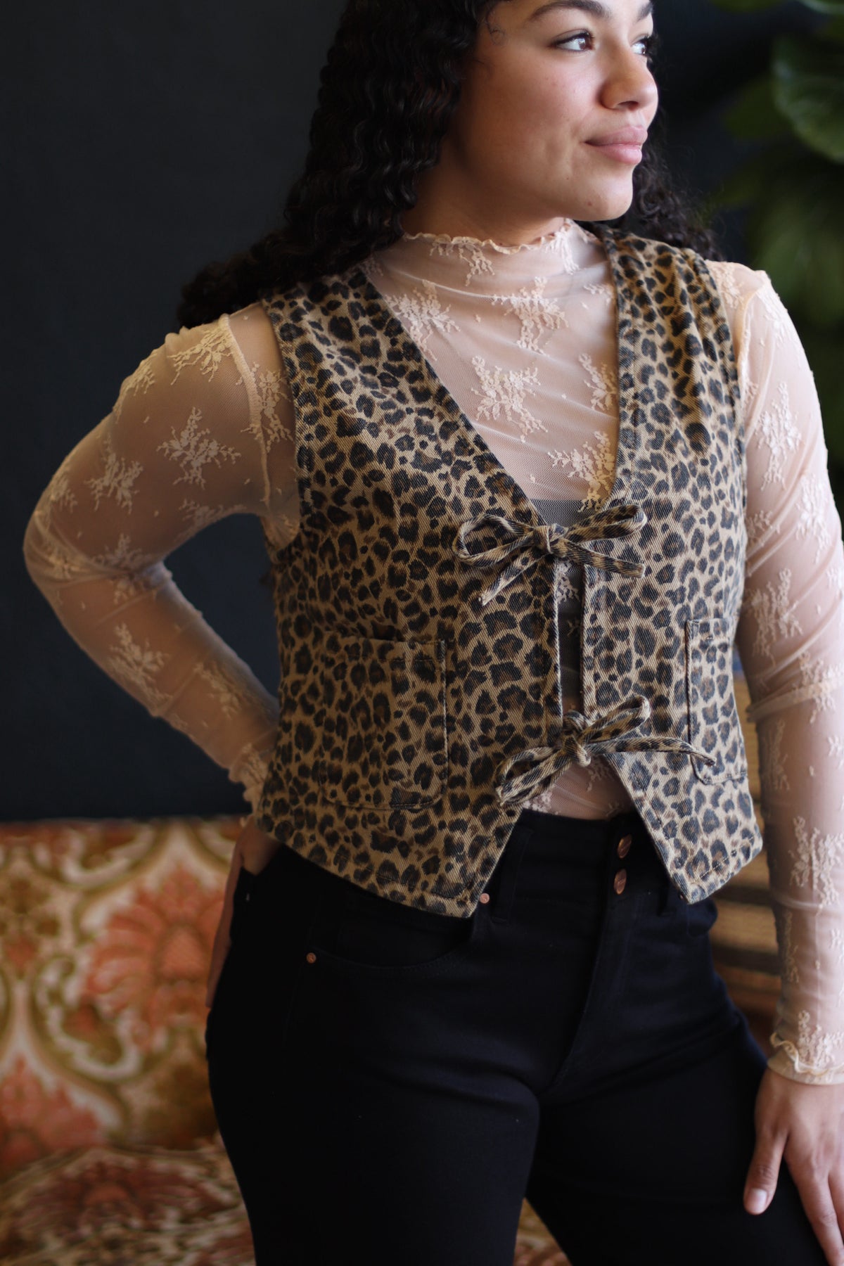 Dani Leopard Denim Tie Vest