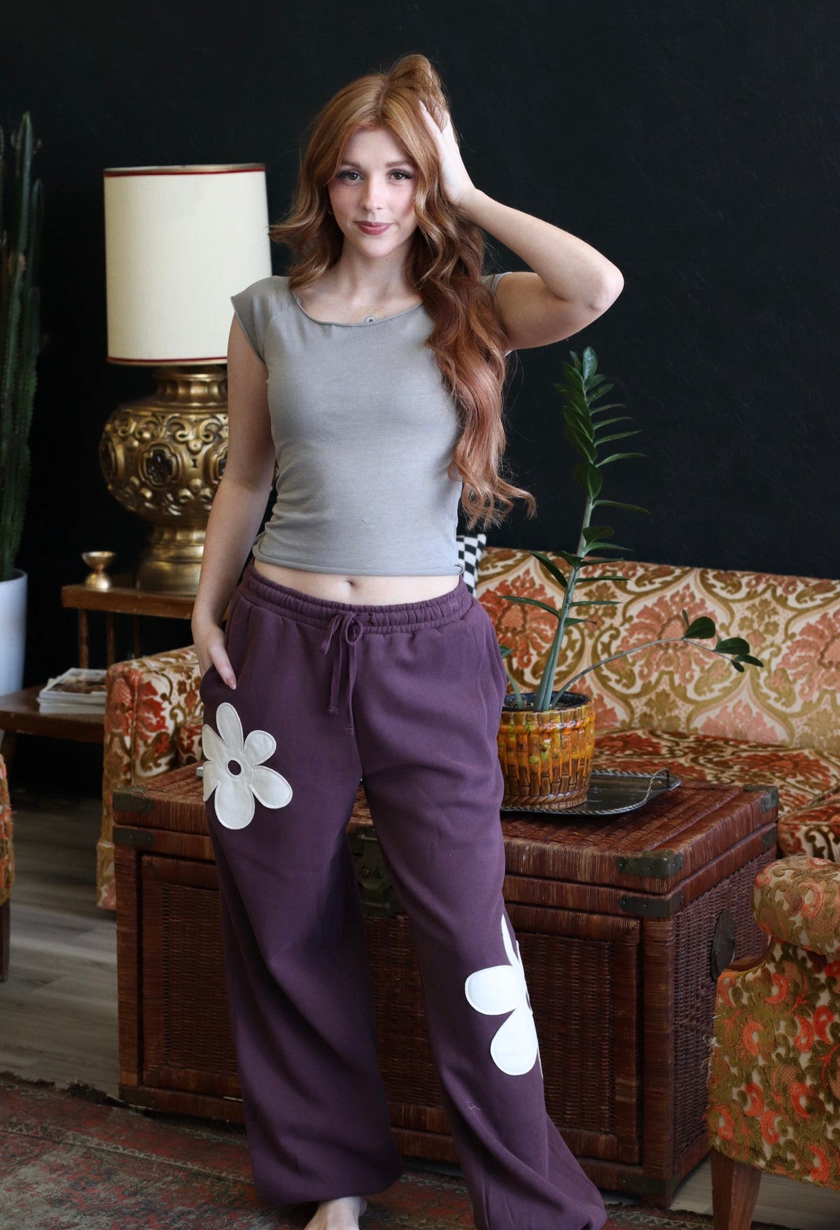 Plum Floral Applique Drawstring Jogger Pants
