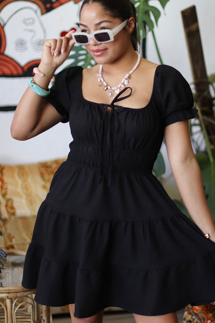 Black Short Sleeve Peasant Tiered Mini Dress