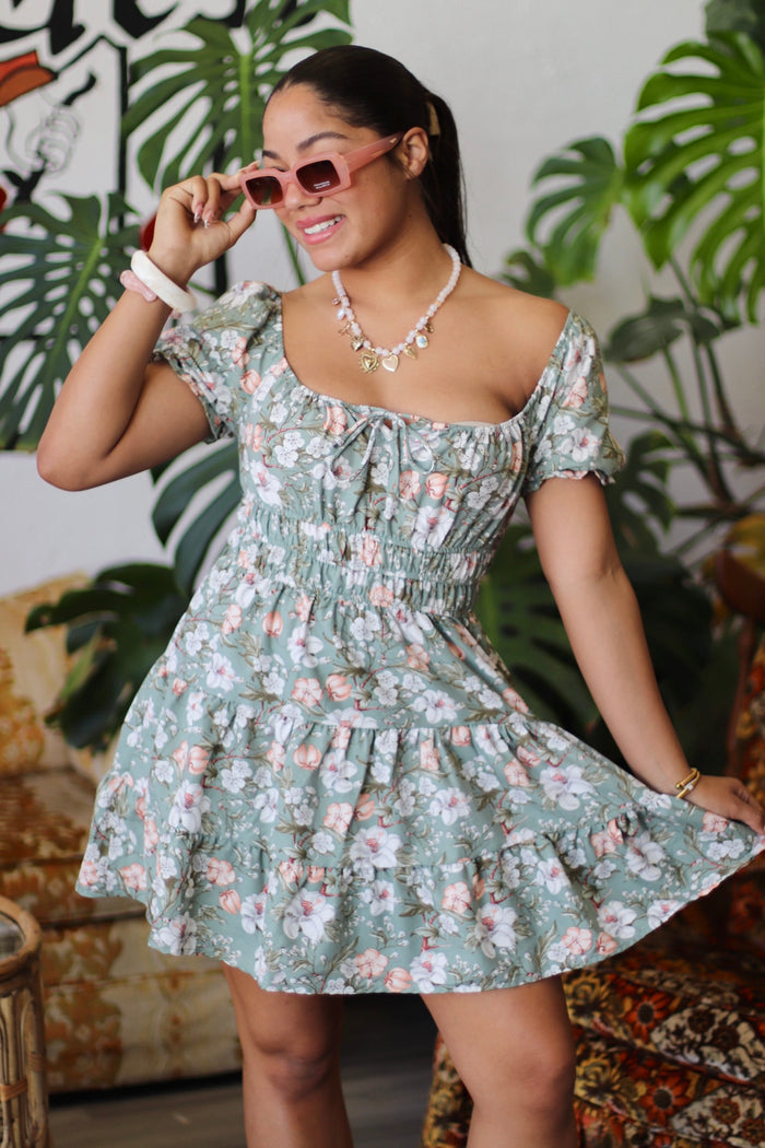 Floral Puff Sleeve Peasant Woven Mini Dress