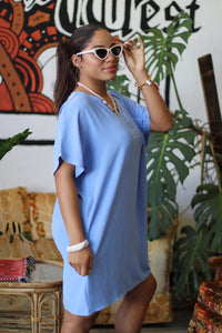 Ellie V-Neck Tee Dress in Blue