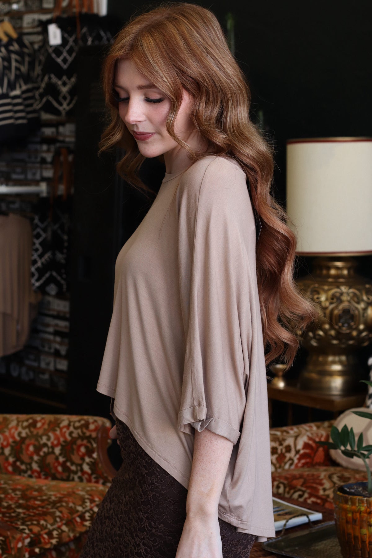 Taupe High-Low Batwing Sleeve Top