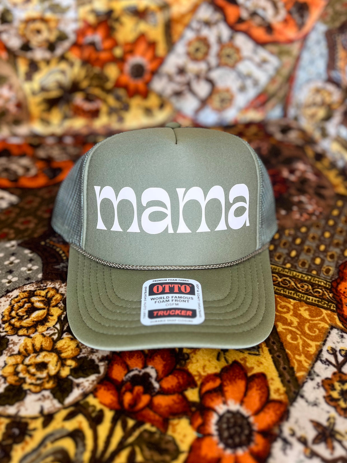 580 Trucker Hat + Olive Retro Mama