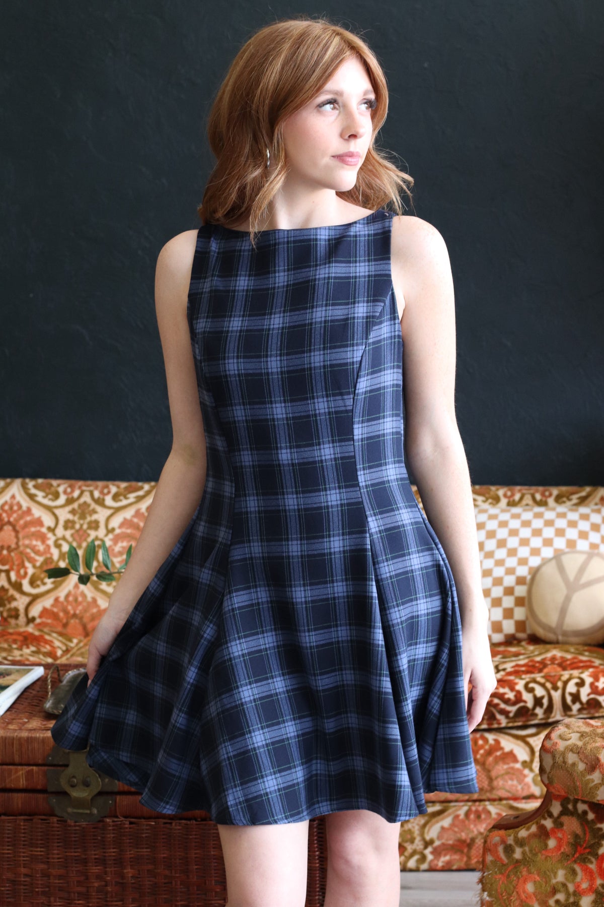 Navy Plaid Sleeveless Woven Mini Dress