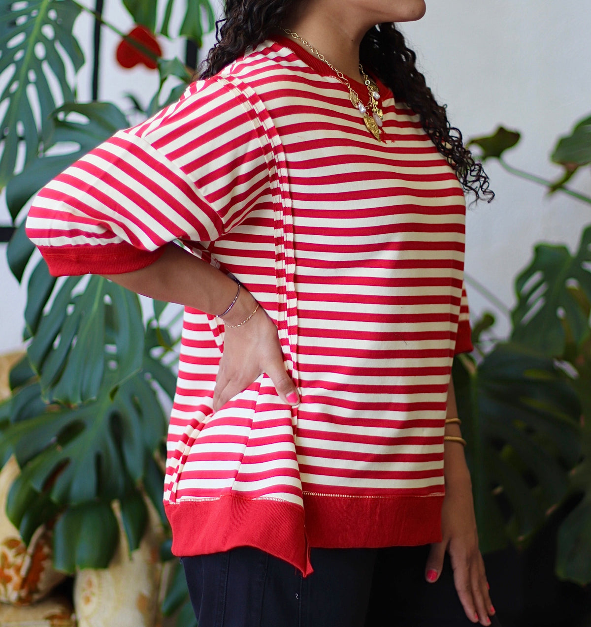 Molly Oversized Stripe Casual Knit Top + Red