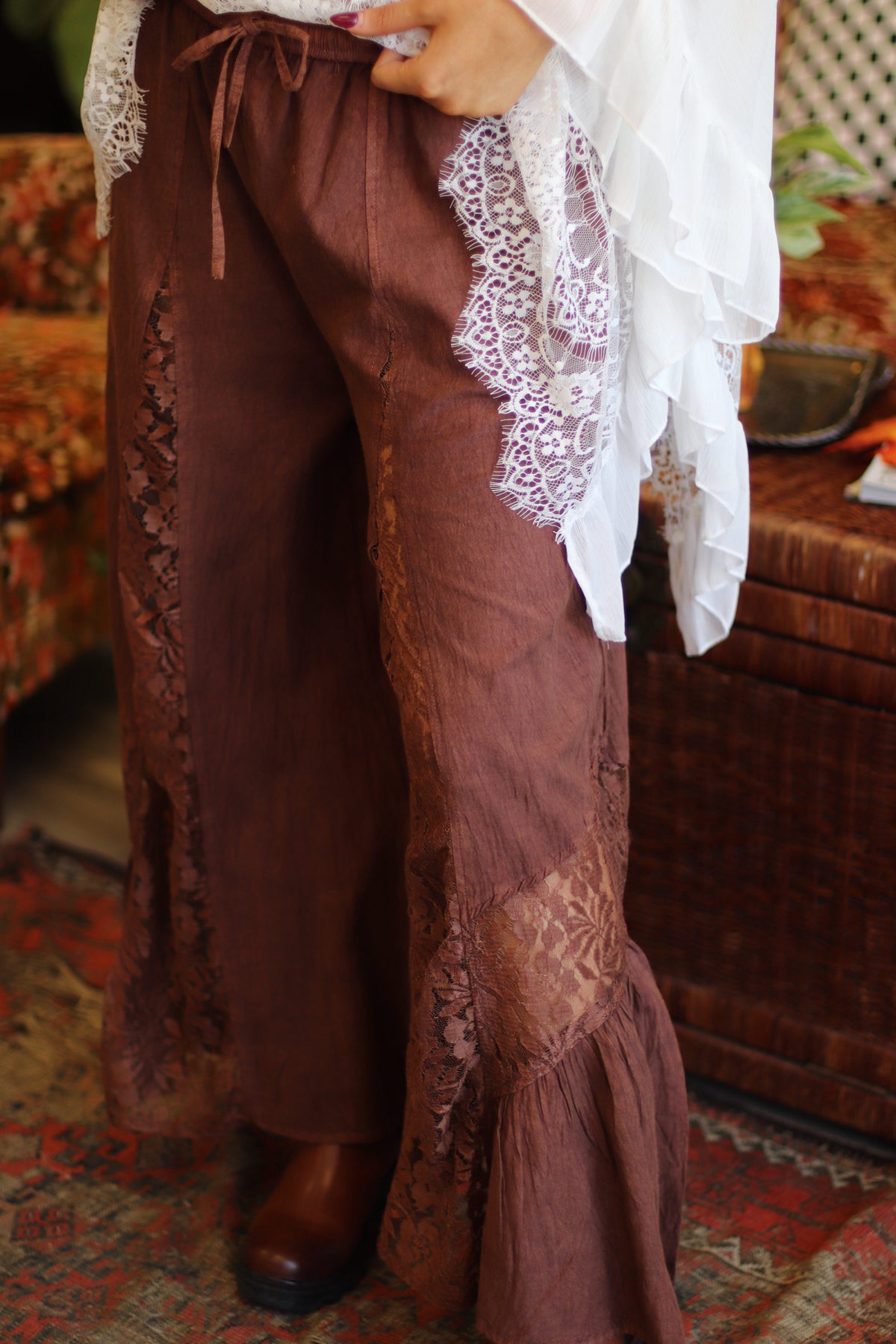 Andie Lace Panel Wide Leg Pants + Brown