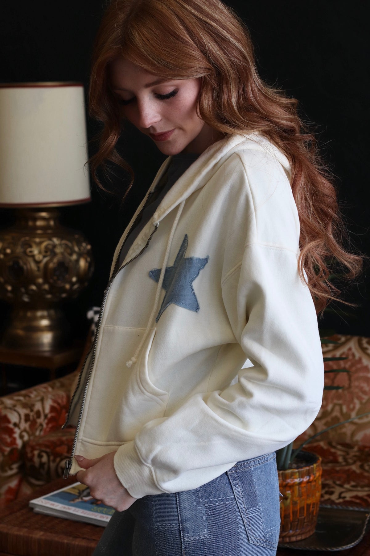 Cream Star Patch Zip-Up Hoodie