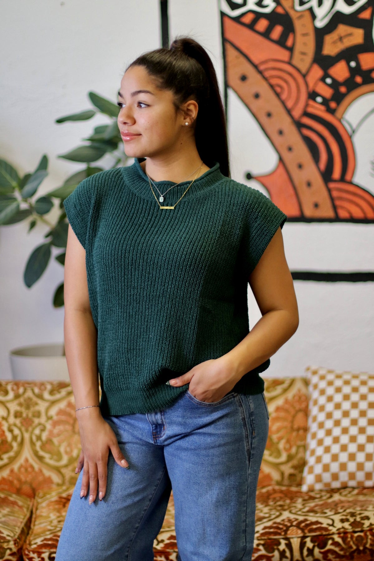 Oversized Soft Knit Sweater Vest Top Forest