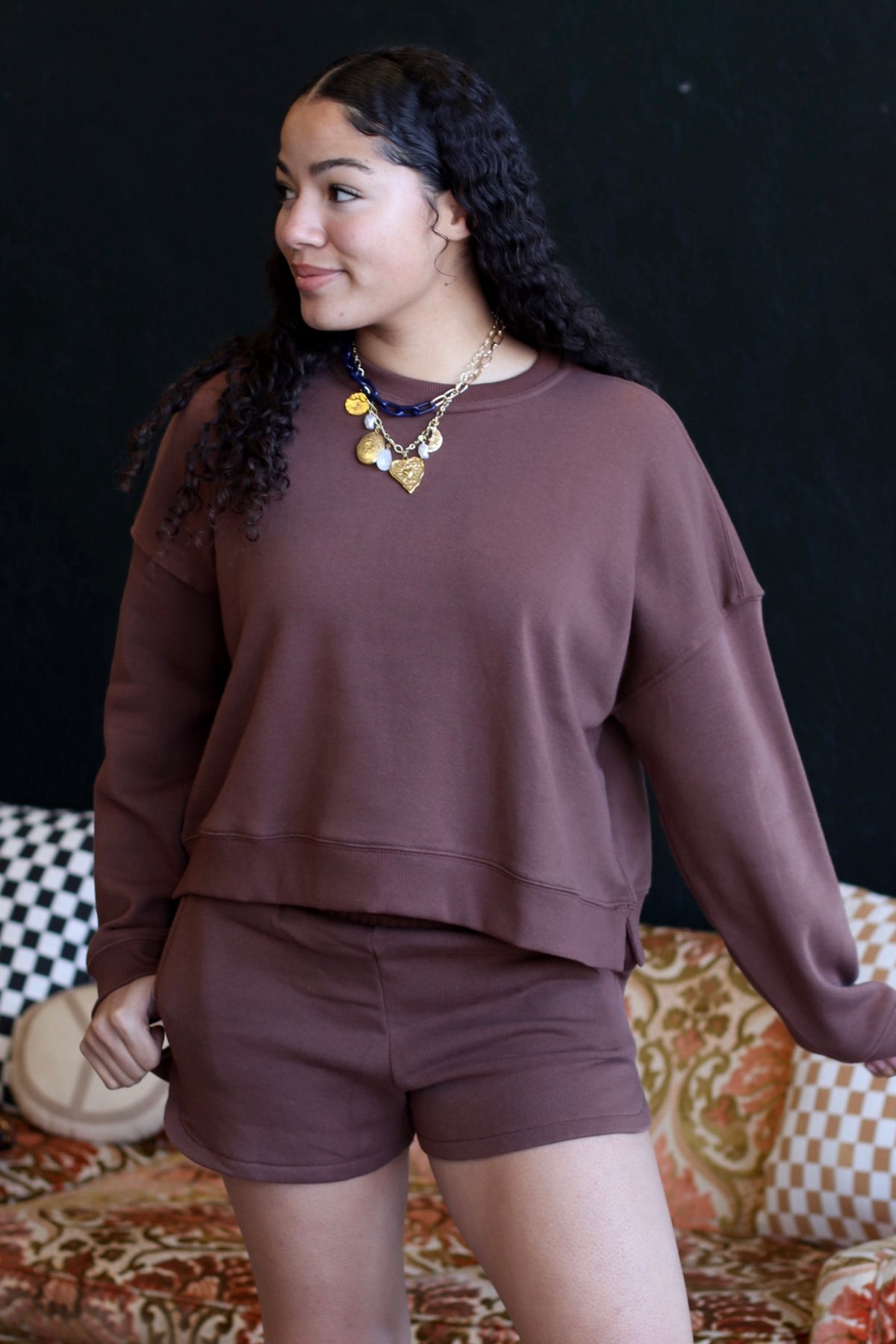Cozy Sweatshirt & Shorts Set + Brown