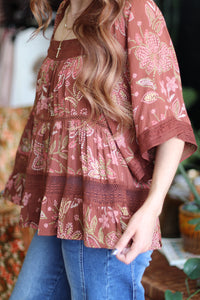 Lacey Floral Tiered Flowy Blouse in Brick