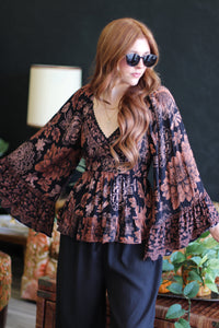 Hannah Black Floral Flowy Bell Sleeve Top