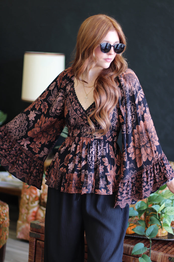 Hannah Black Floral Flowy Bell Sleeve Top