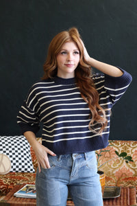 Navy Short Sleeve Striped Knit Top