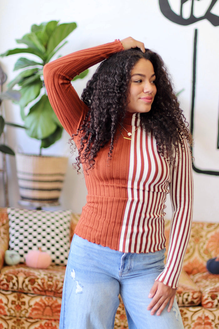 Striped Knit Long Sleeve Top in Rust