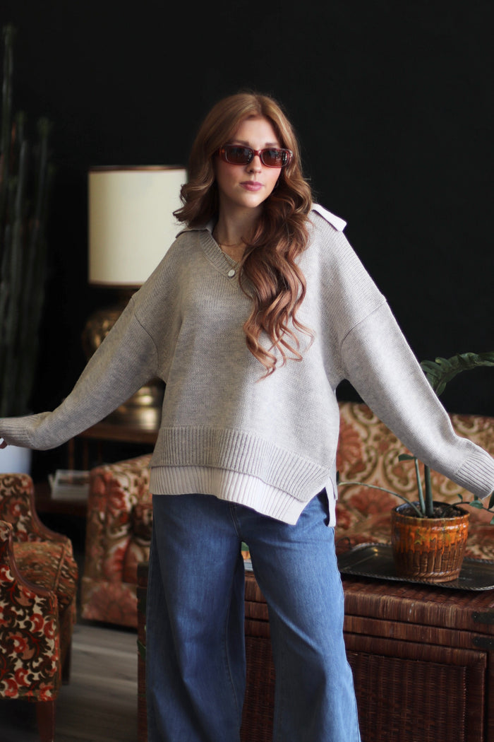 Veronica Collared V-Neck Sweater + Beige/Grey
