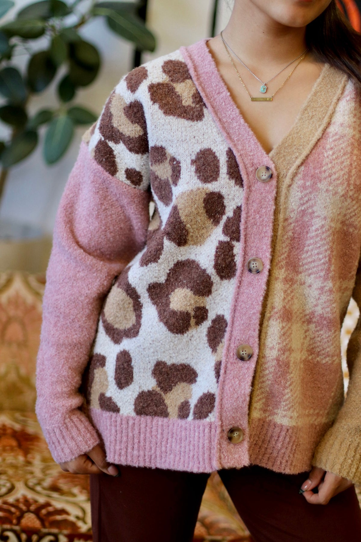 Leopard & Plaid Knit Sweater Cardigan