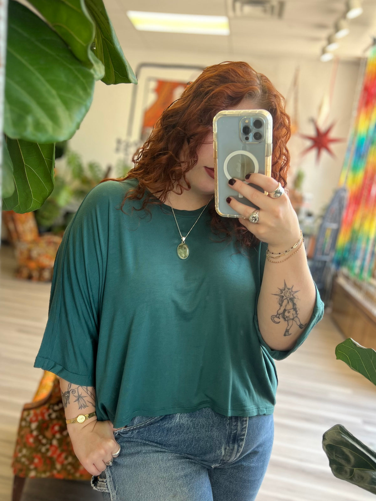 Teal High-Low Batwing Sleeve Top