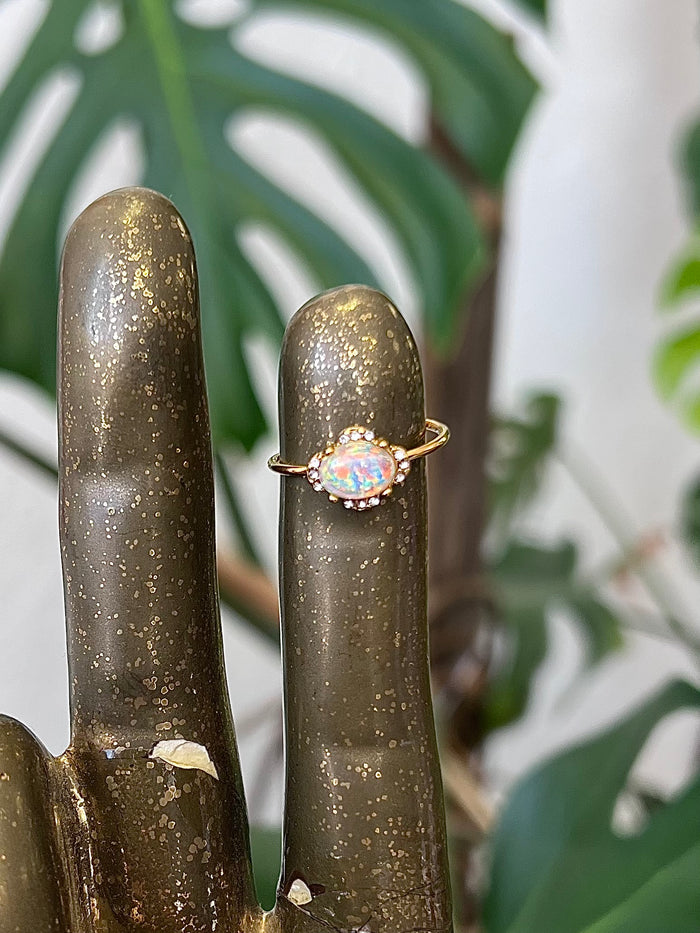 Lucky Opal 18K Gold Plated Adjustable Ring White Oval