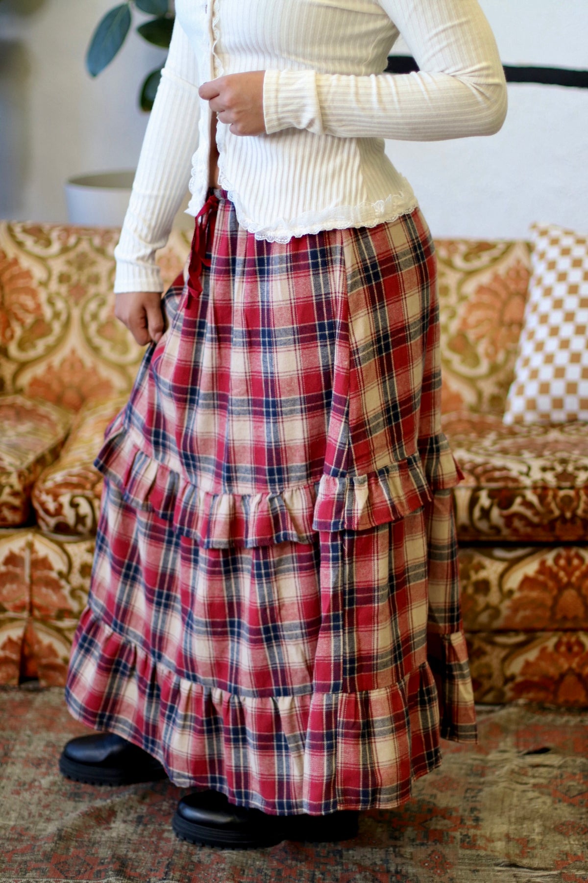 Red Ruffle Plaid Tiered Midi Skirt