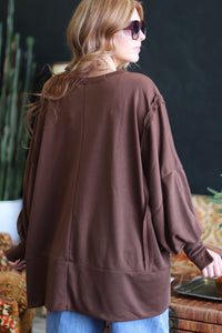 Brown Exposed Seam Oversized Crew Neck