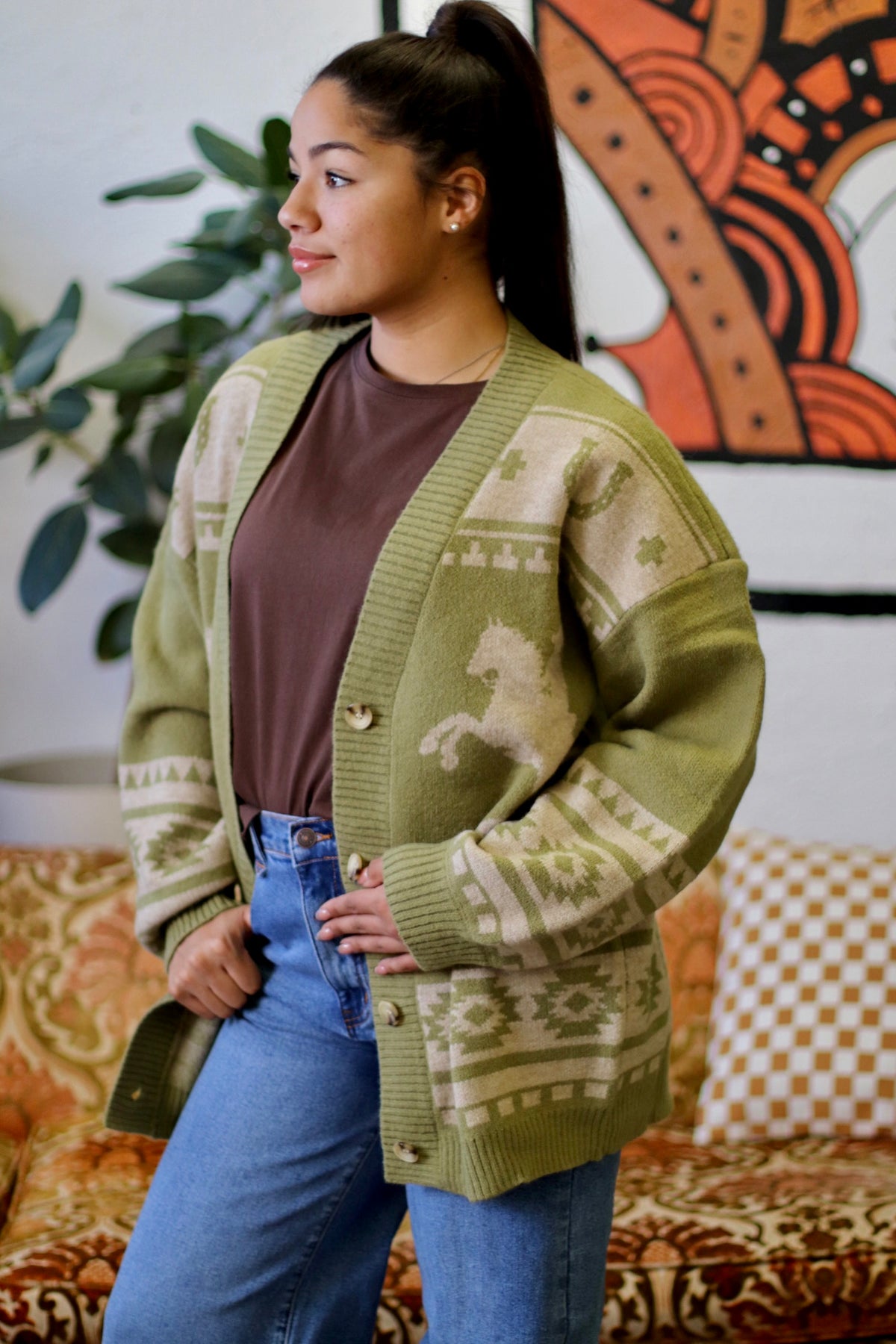 Oversized Western Knit Sweater Cardigan Olive
