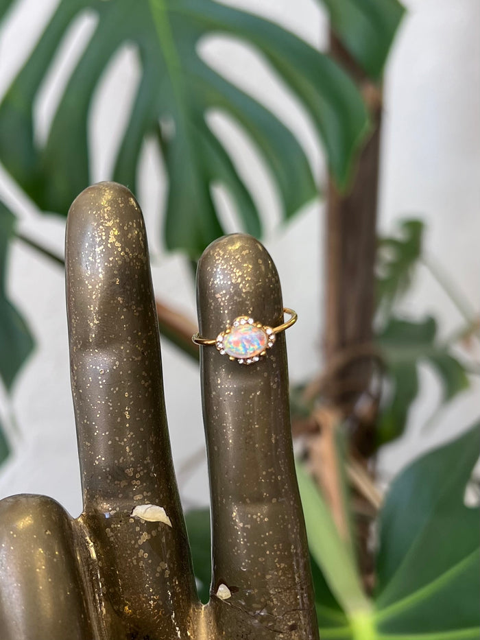 Lucky Opal 18K Gold Plated Adjustable Ring White Oval