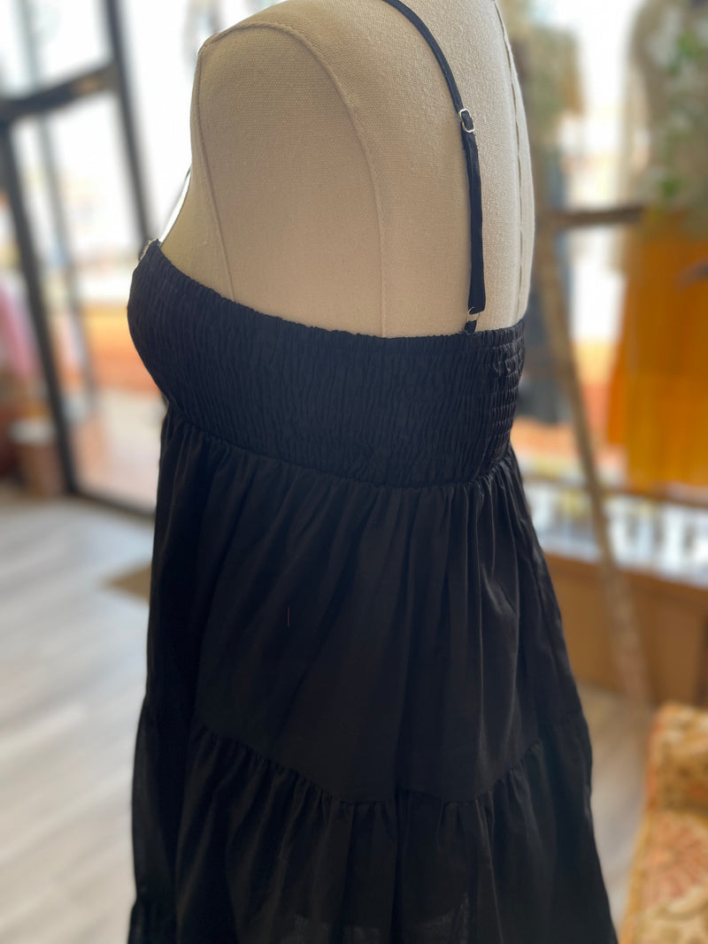 Cotton Smocked Tiered Mini Dress in Black